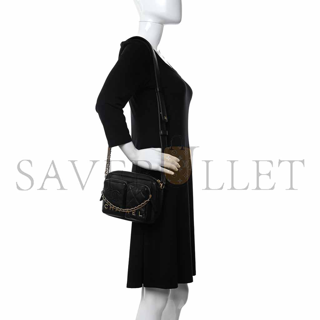 Ch*el calfskin quilted small camera case black as2933 (20.5*14.5*9cm)